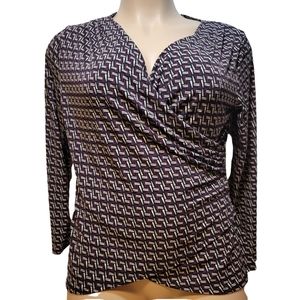 Miss Tina Knowles Wrap Top L Eggplant Purple & Black Geometric Long Sleeve FALL